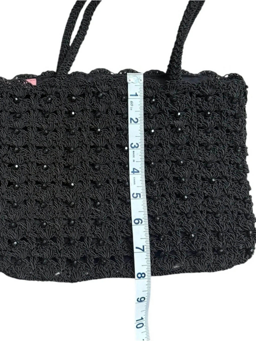 Arabella Vintage Black Beaded Crochet Cord Tote Bag Boho Glam Evening‎ Small